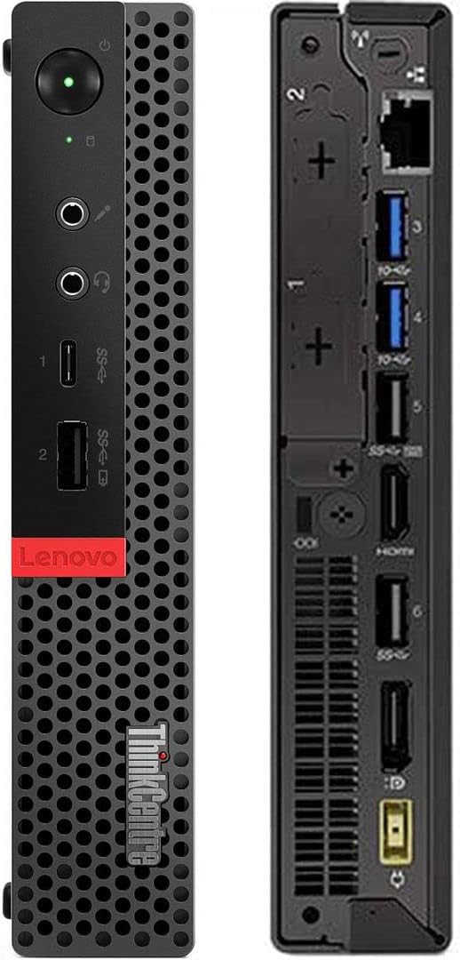 Lenovo ThinkCentre M920q Tiny Desktop PC | Intel Core I5-9500T up to 3.70 GHz Turbo 6-Cores (9th Gen), 16GB RAM, 256GB M.2 SSD, USB-C, DVD+RW, Triple Monitor, DisplayPort (4K), HDMI, 1Gb Ethernet, Keyboard, Mouse & Wi-Fi - Windows 11 Pro , 1 Year Warranty - Certified Refurbished - Front and Back