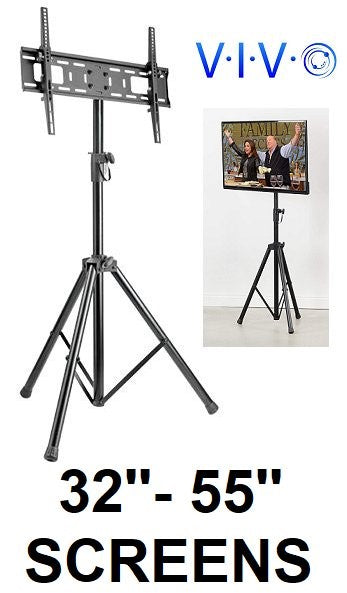 VIVO TRIPOD FLAT SCREEN TV DISPLAY FLOOR STAND (MODEL: STAND-TV55T) - PORTABLE HEIGHT ADJUSTABLE MOUNT - 32'' - 55'' - BLACK (MODEL: STAND-TV55T) - (Open-Box)